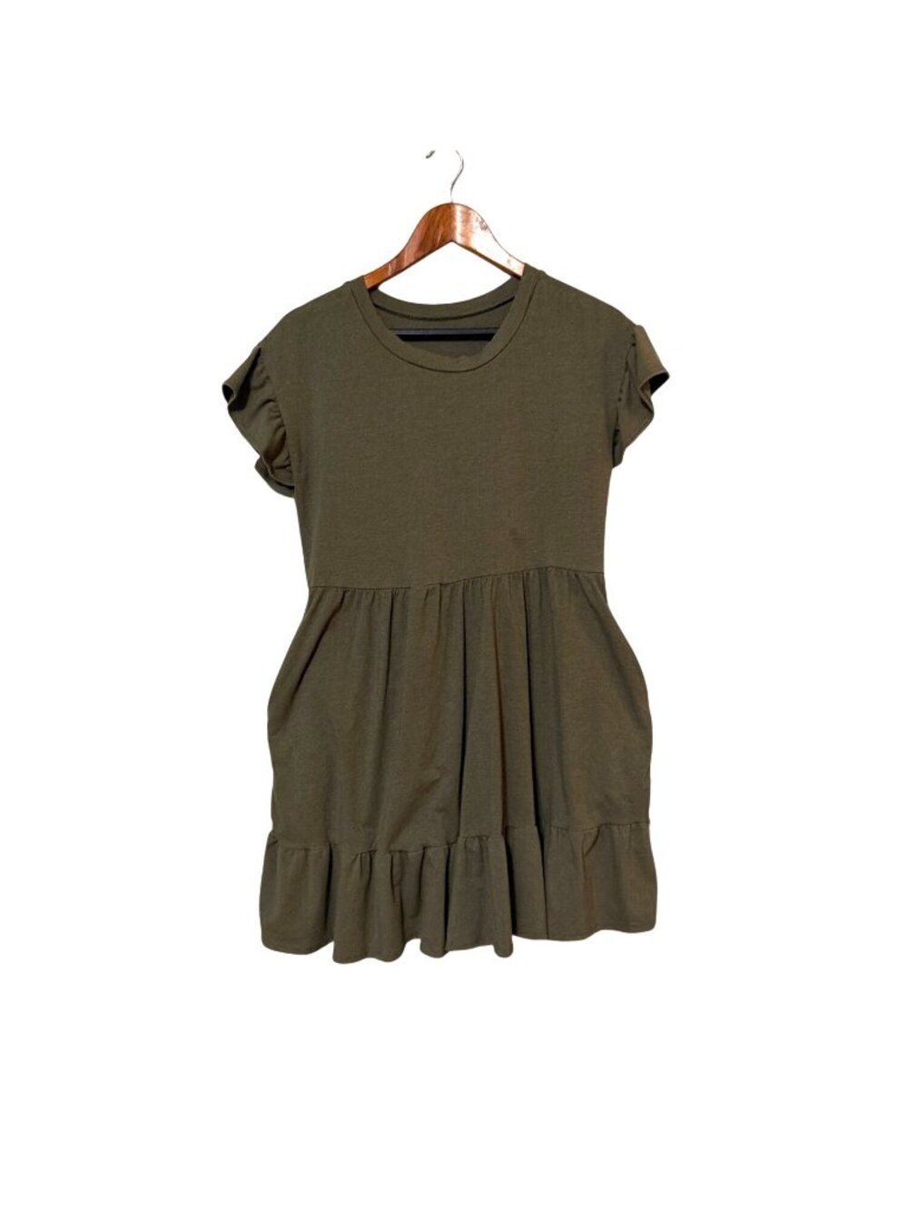 Olive Green Short-Sleeve Tiered Babydoll Dress With Ruffle Details Casual Style